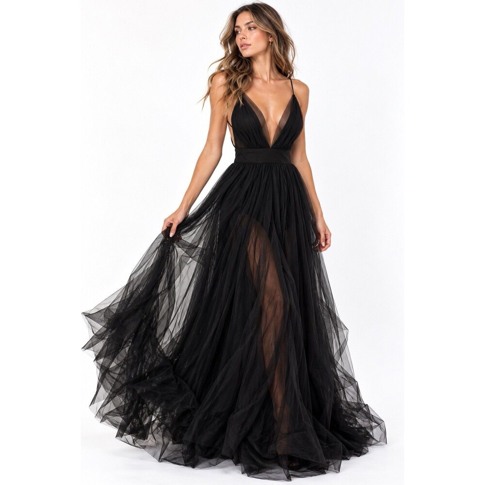 Luxxel Black Tulle Plunge V-Neck Cross Back Maxi Gown Size M